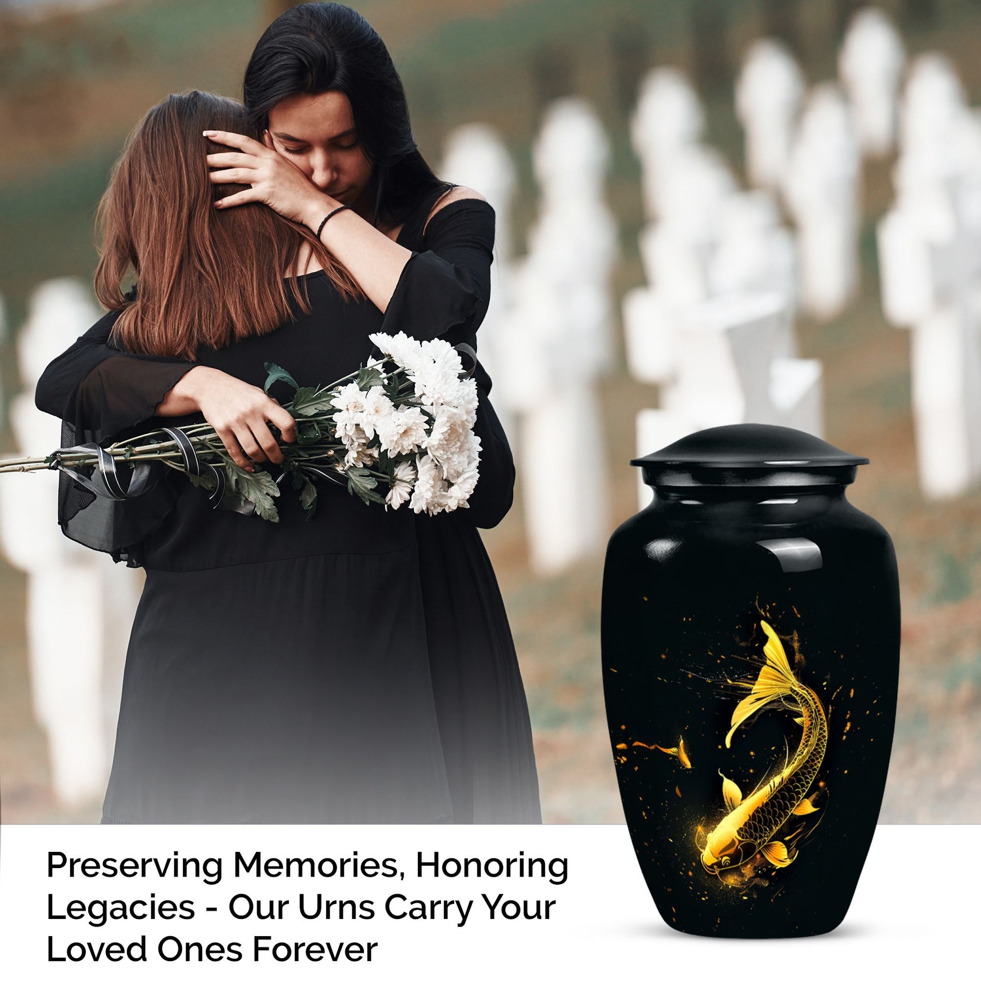 large gold fish cremation urn.