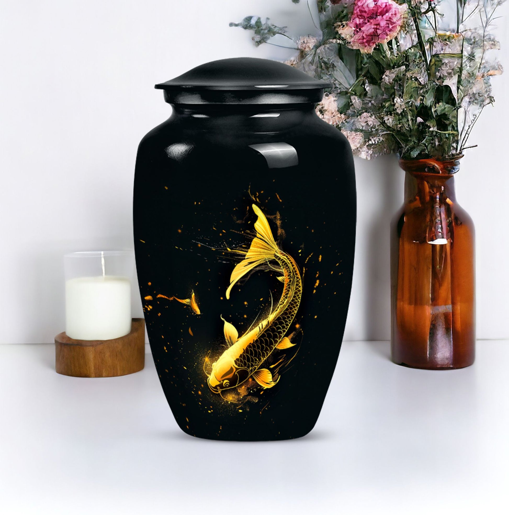 large gold fish cremation urn.