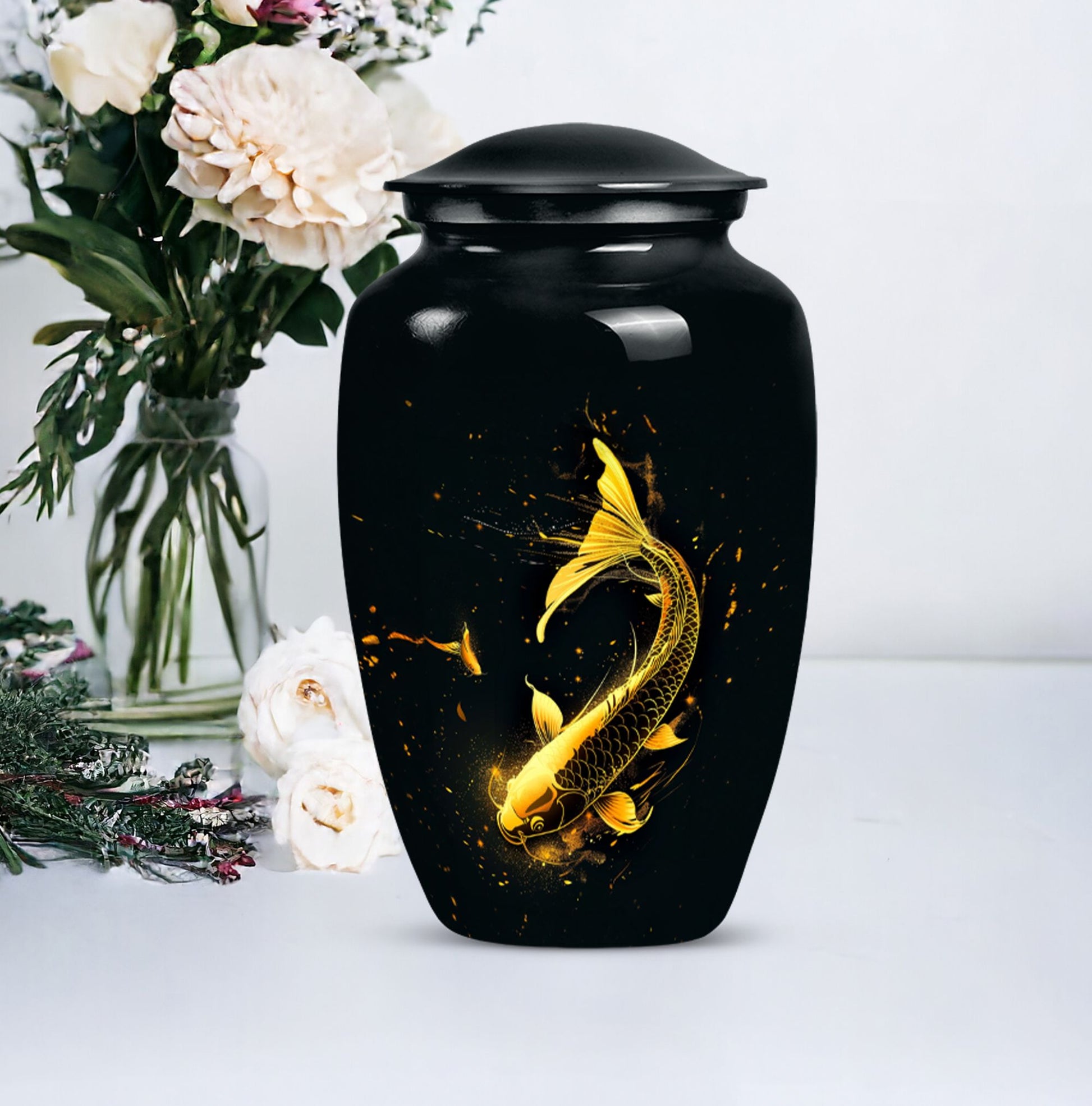 large gold fish cremation urn.