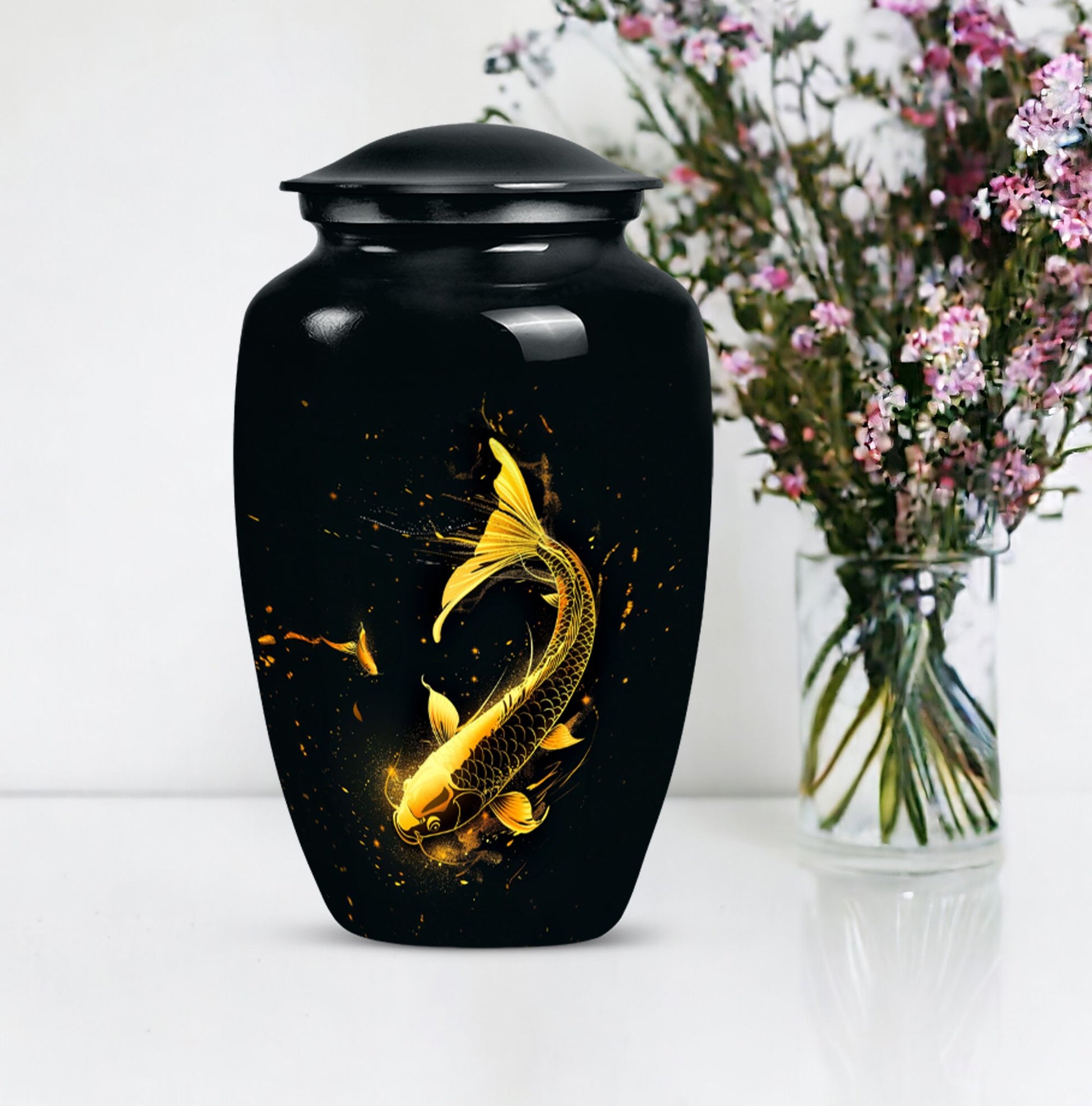 large gold fish cremation urn.