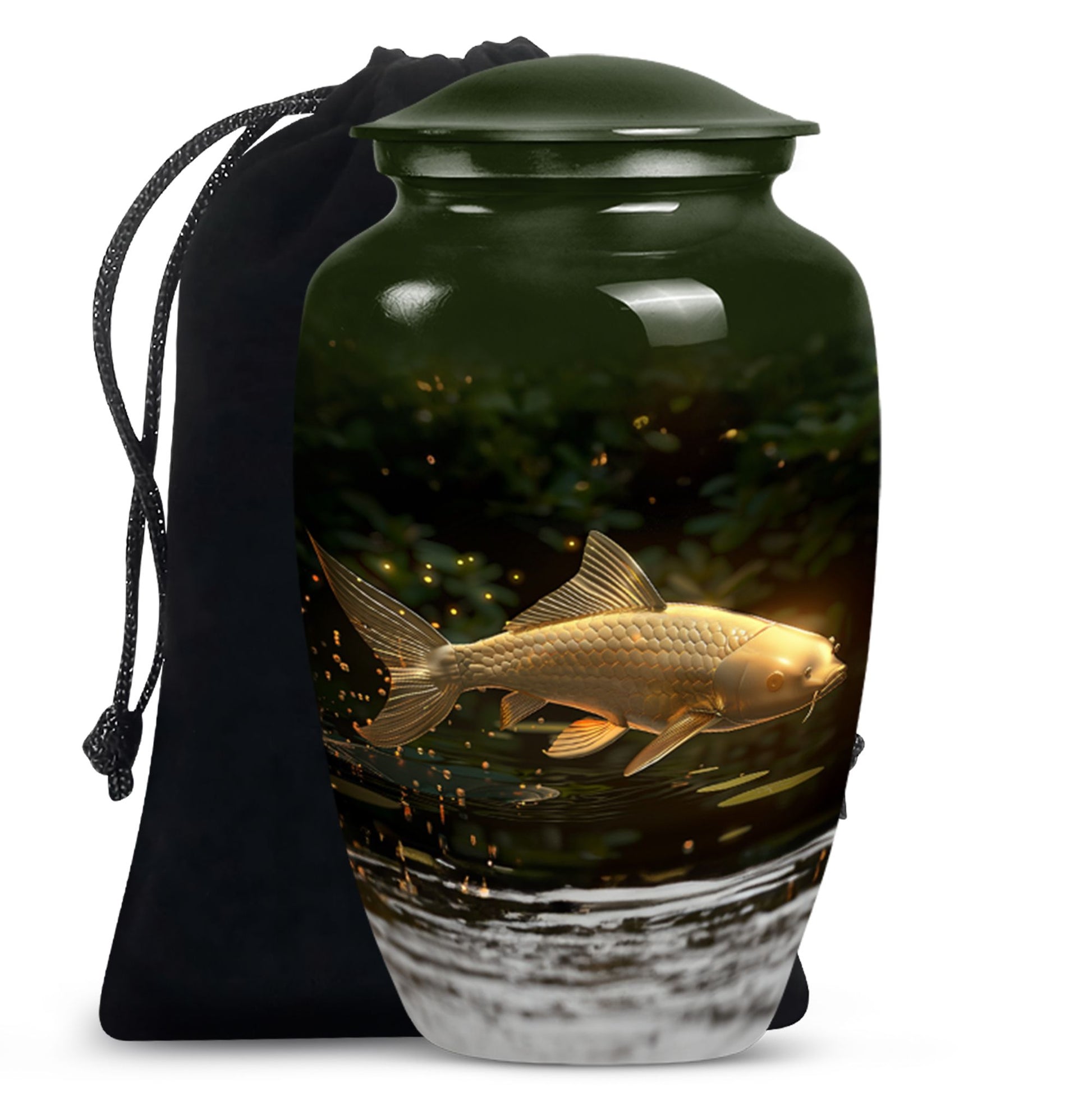 Classic 10-inch gold fish urn for adult human ashes.