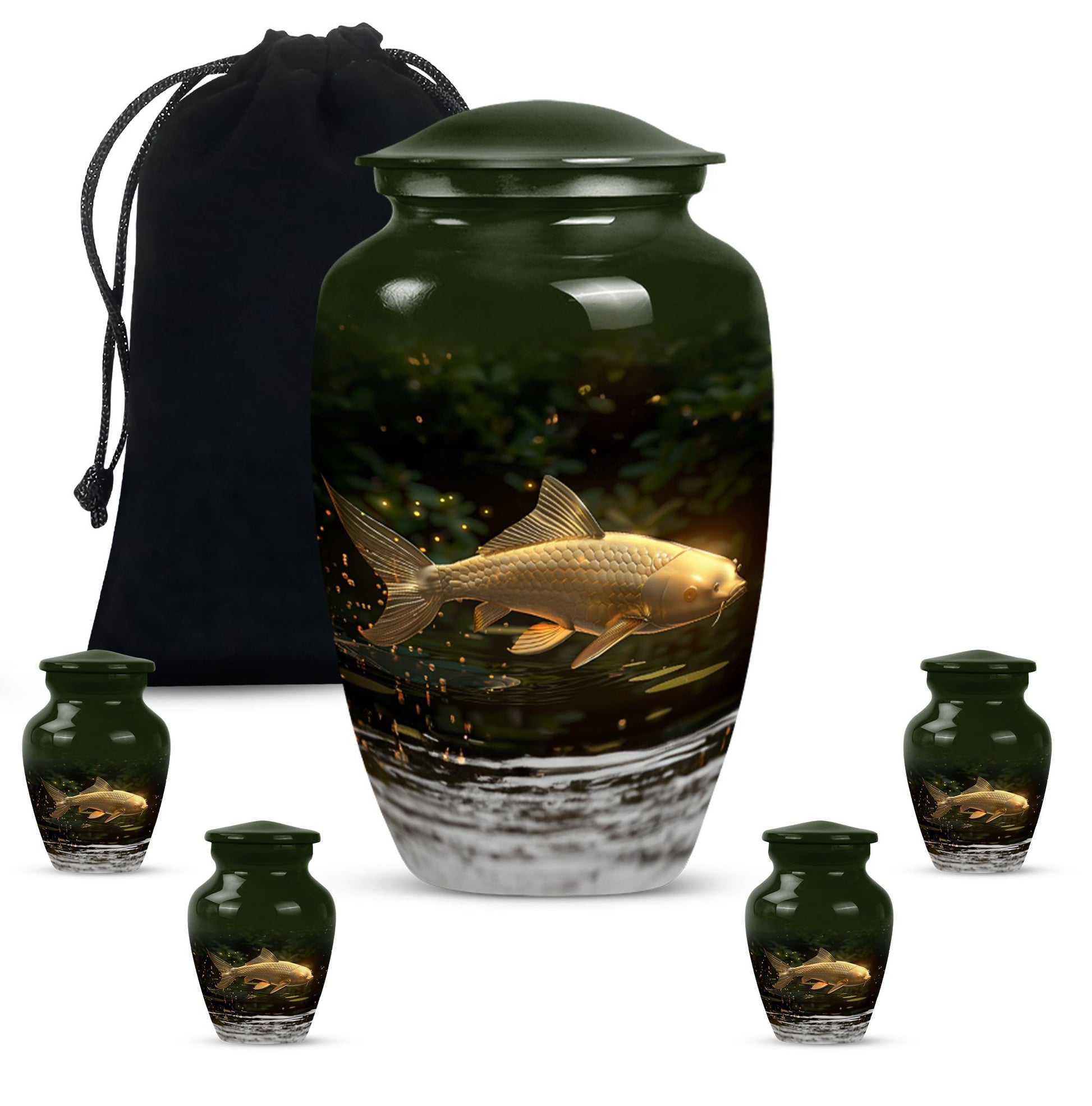 Classic 10-inch gold fish urn for adult human ashes.