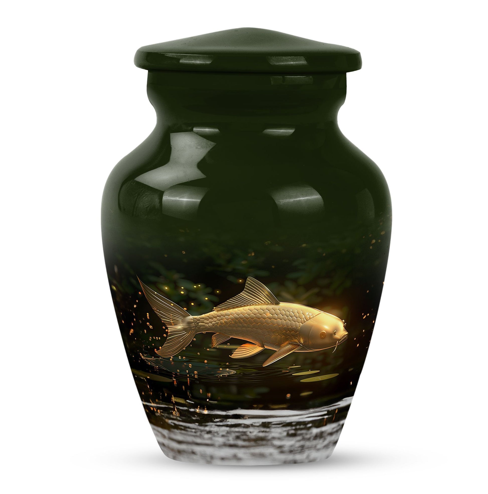 Classic 10-inch gold fish urn for adult human ashes.