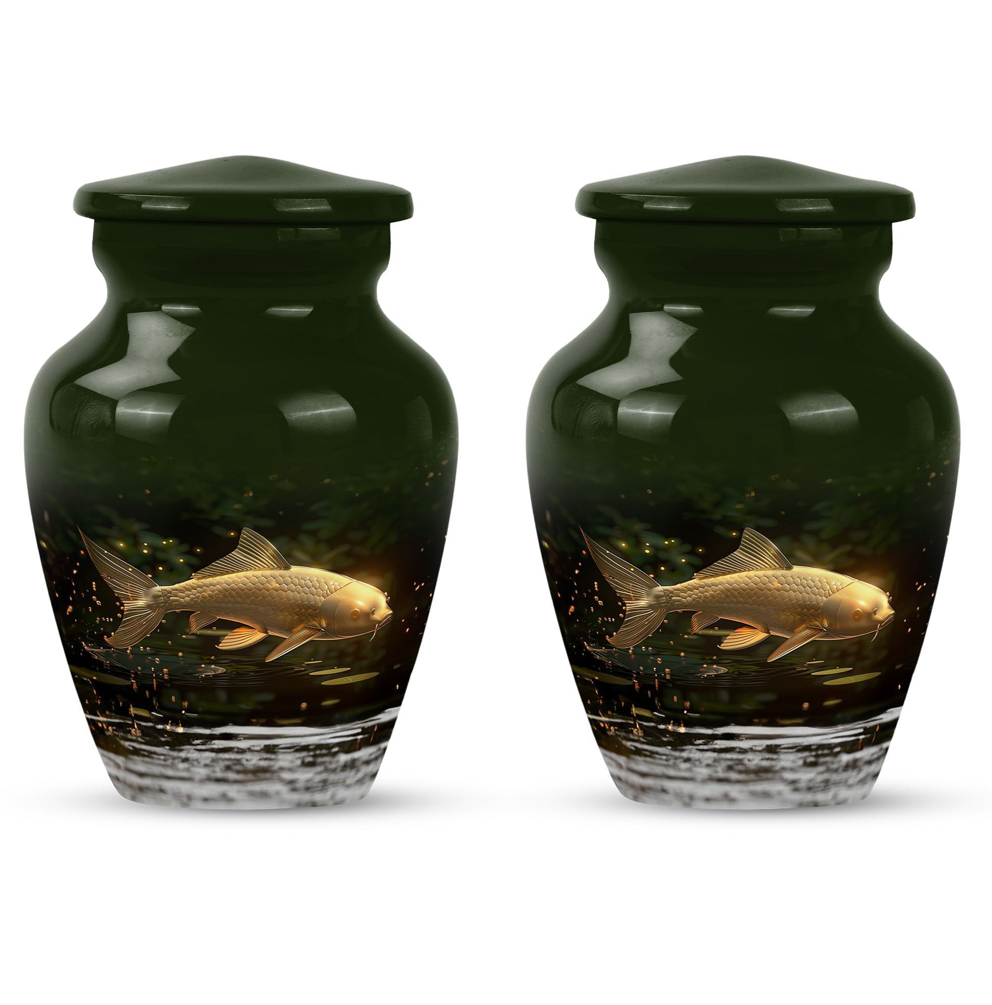 Classic 10-inch gold fish urn for adult human ashes.