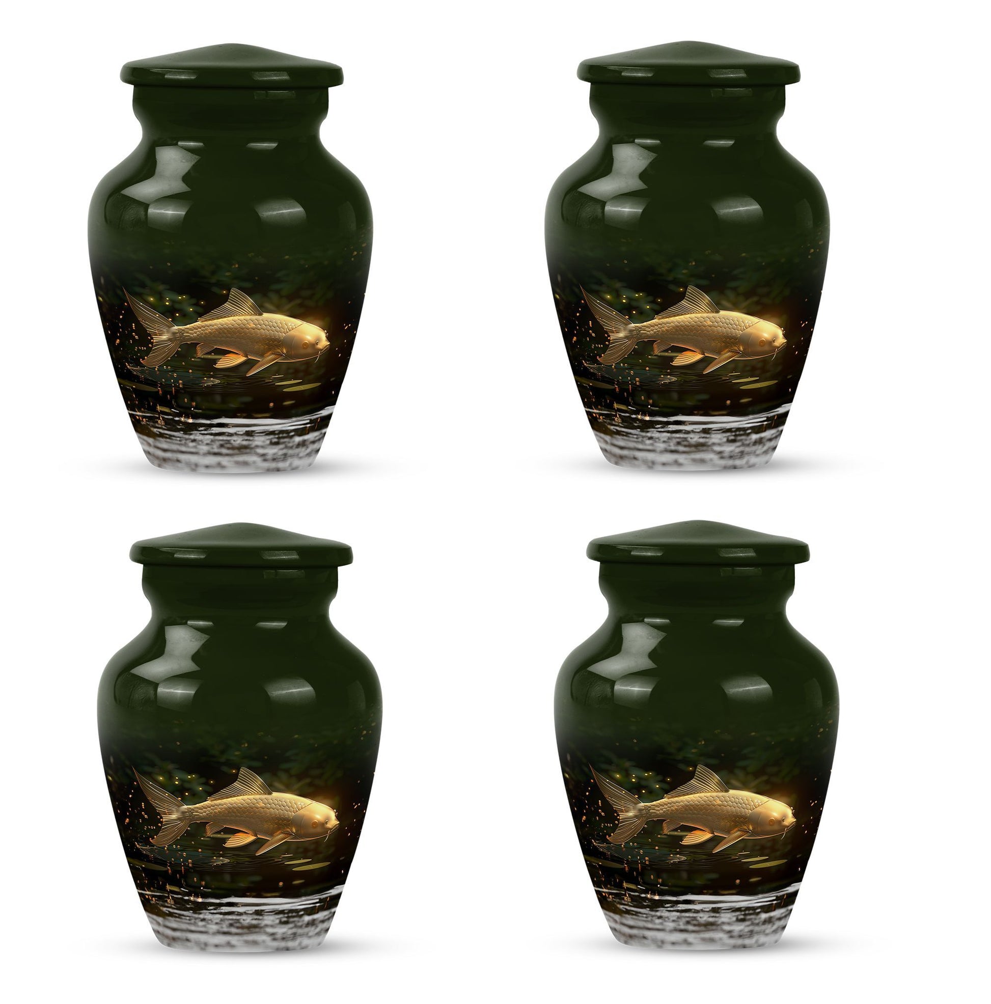 Classic 10-inch gold fish urn for adult human ashes.