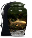 Classic 10-inch gold fish urn for adult human ashes.