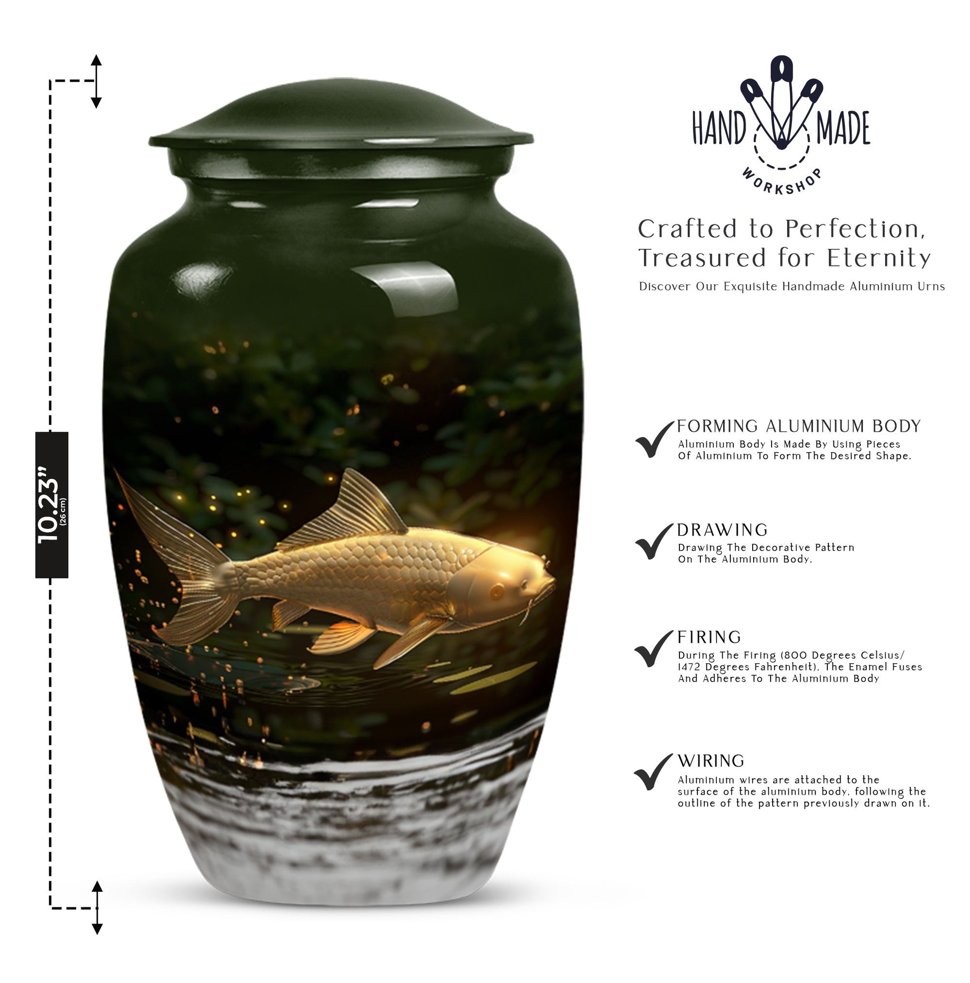 Classic 10-inch gold fish urn for adult human ashes.