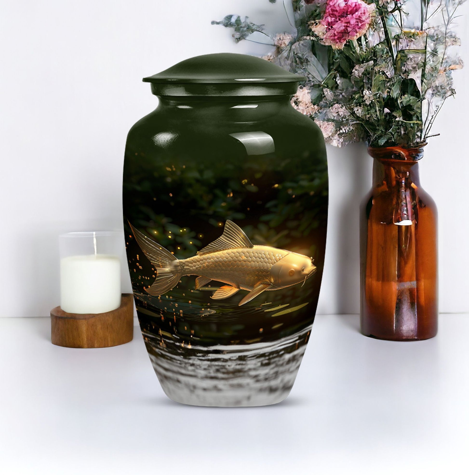 Classic 10-inch gold fish urn for adult human ashes.