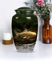 Classic 10-inch gold fish urn for adult human ashes.