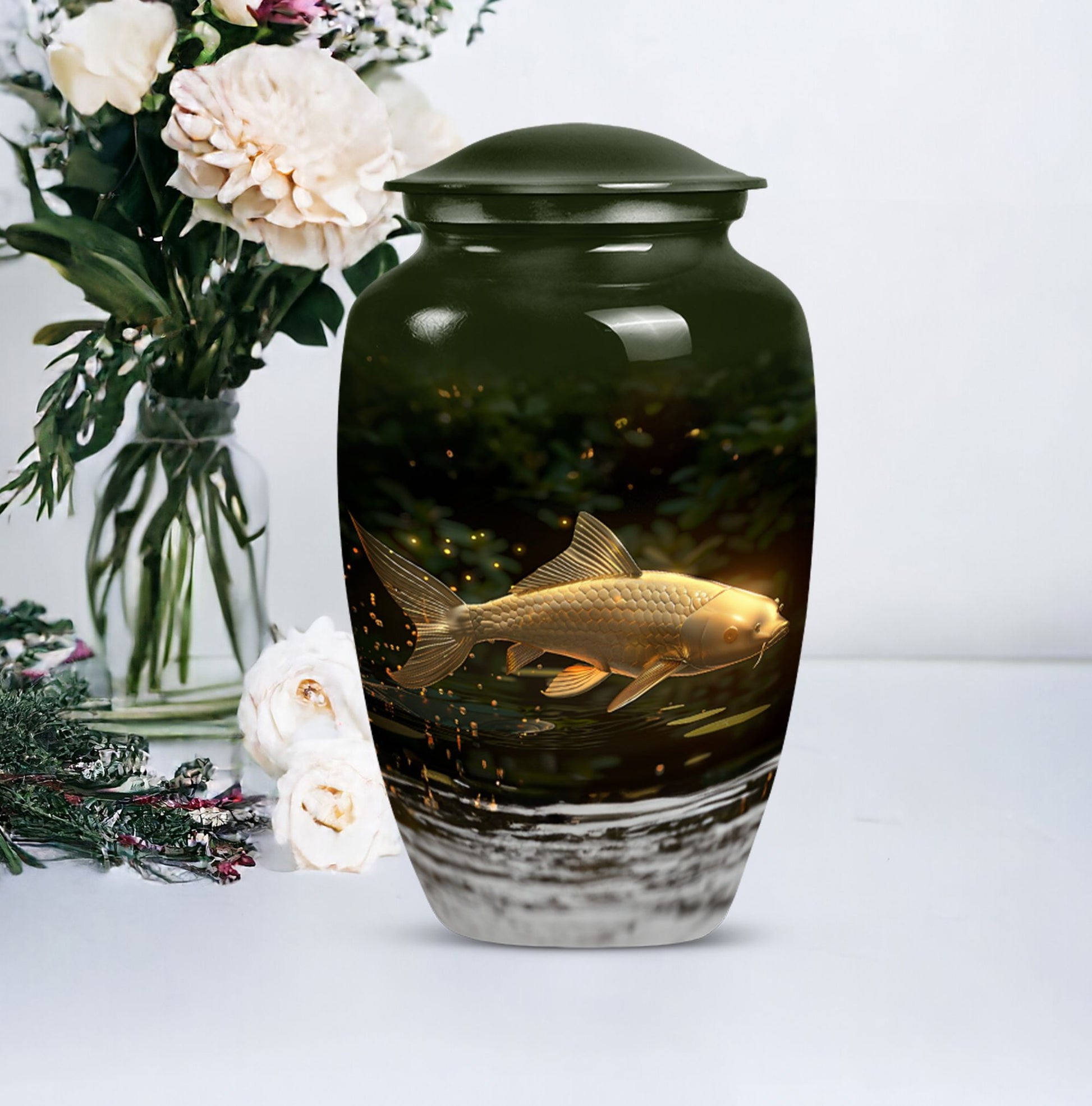 Classic 10-inch gold fish urn for adult human ashes.