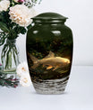 Classic 10-inch gold fish urn for adult human ashes.