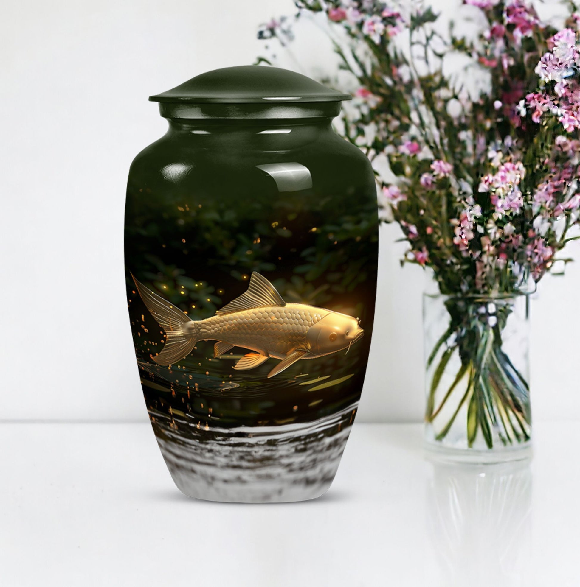 Classic 10-inch gold fish urn for adult human ashes.