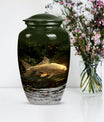 Classic 10-inch gold fish urn for adult human ashes.