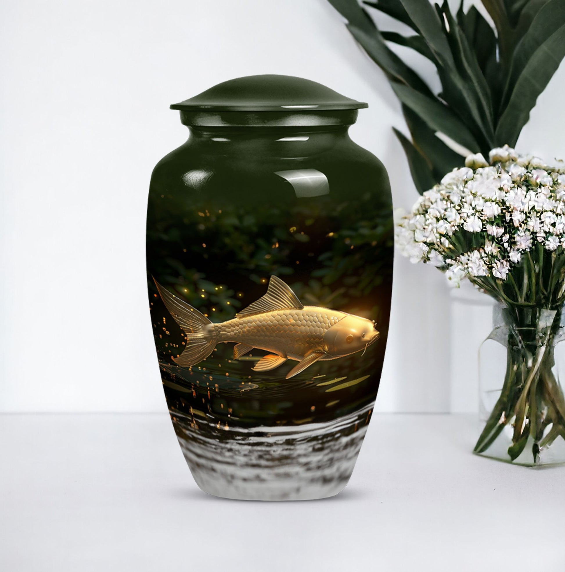 Classic 10-inch gold fish urn for adult human ashes.