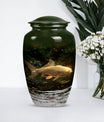 Classic 10-inch gold fish urn for adult human ashes.