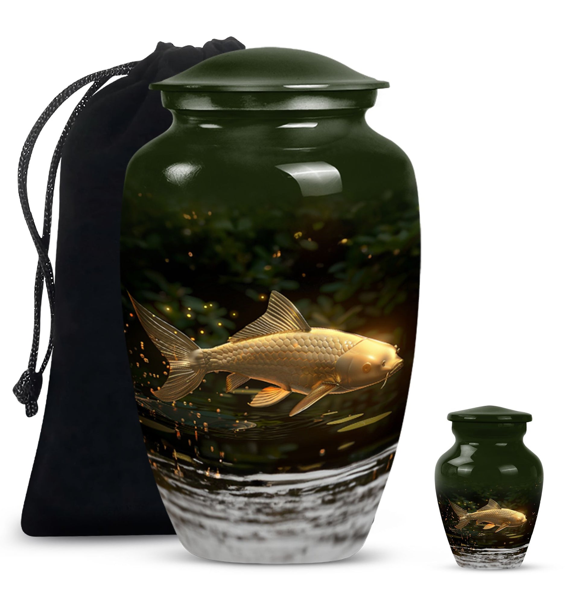 Classic 10-inch gold fish urn for adult human ashes.