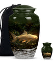 Classic 10-inch gold fish urn for adult human ashes.