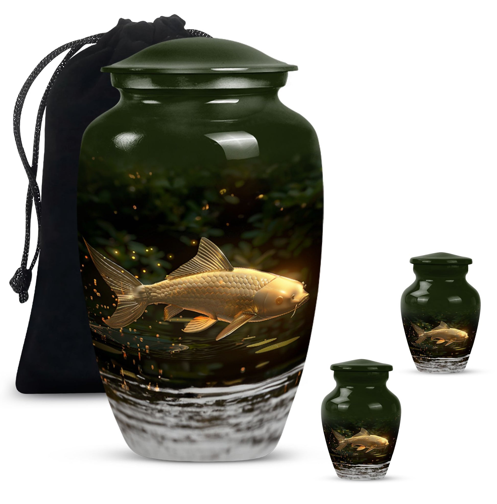 Classic 10-inch gold fish urn for adult human ashes.