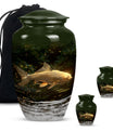 Classic 10-inch gold fish urn for adult human ashes.