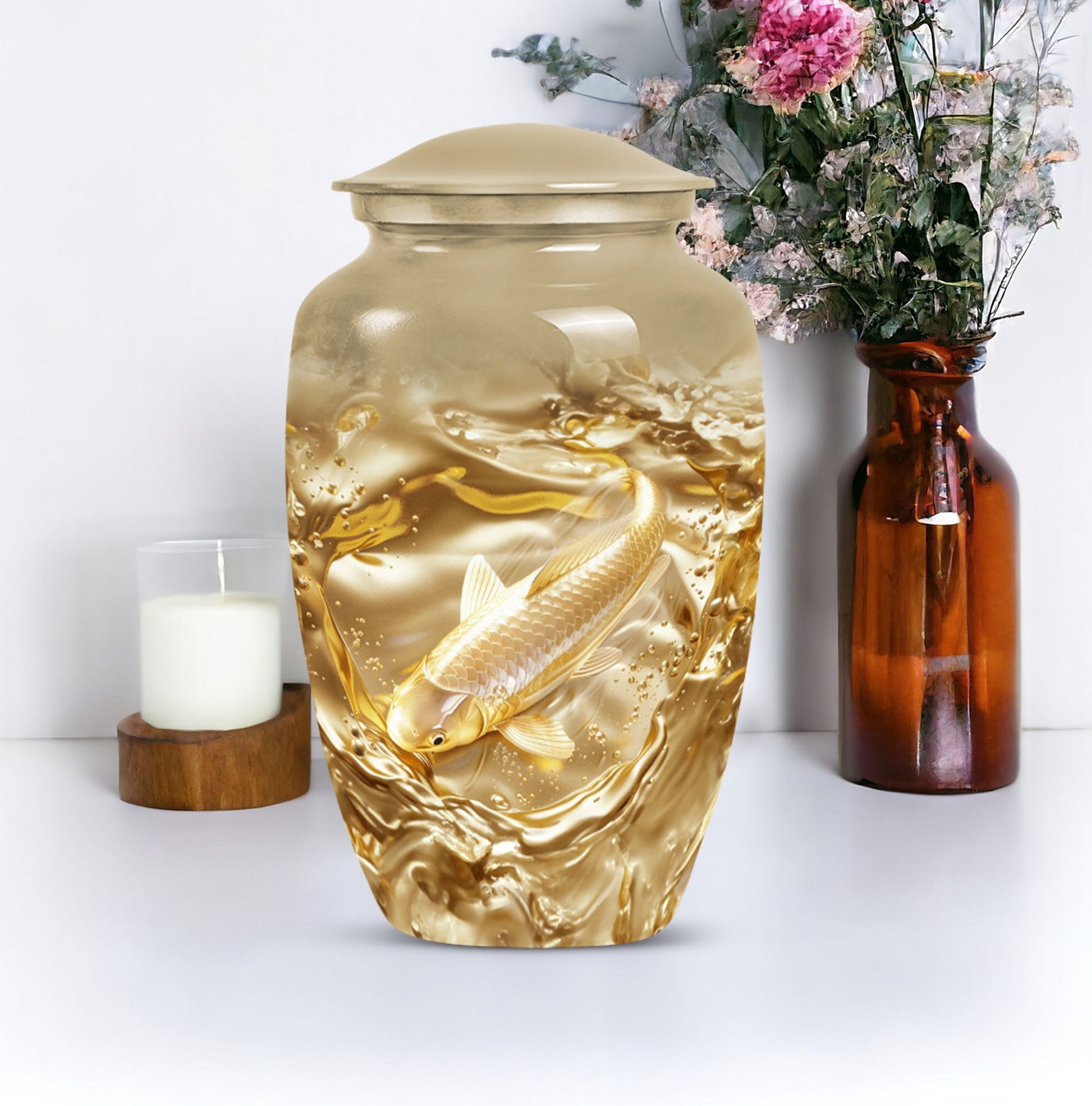 gold fish Urn, classic butterfly-theme large Urn.