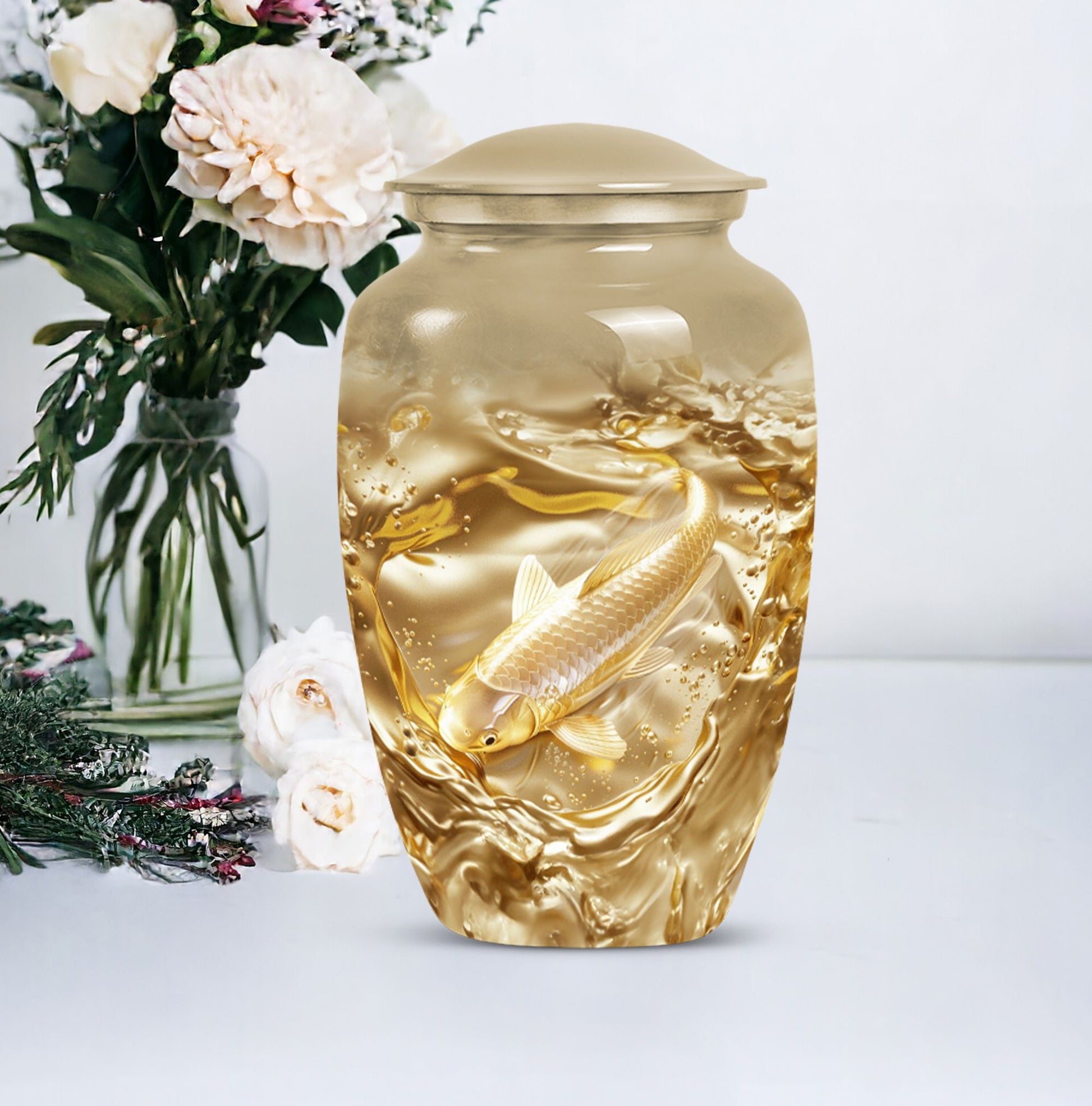 gold fish Urn, classic butterfly-theme large Urn.