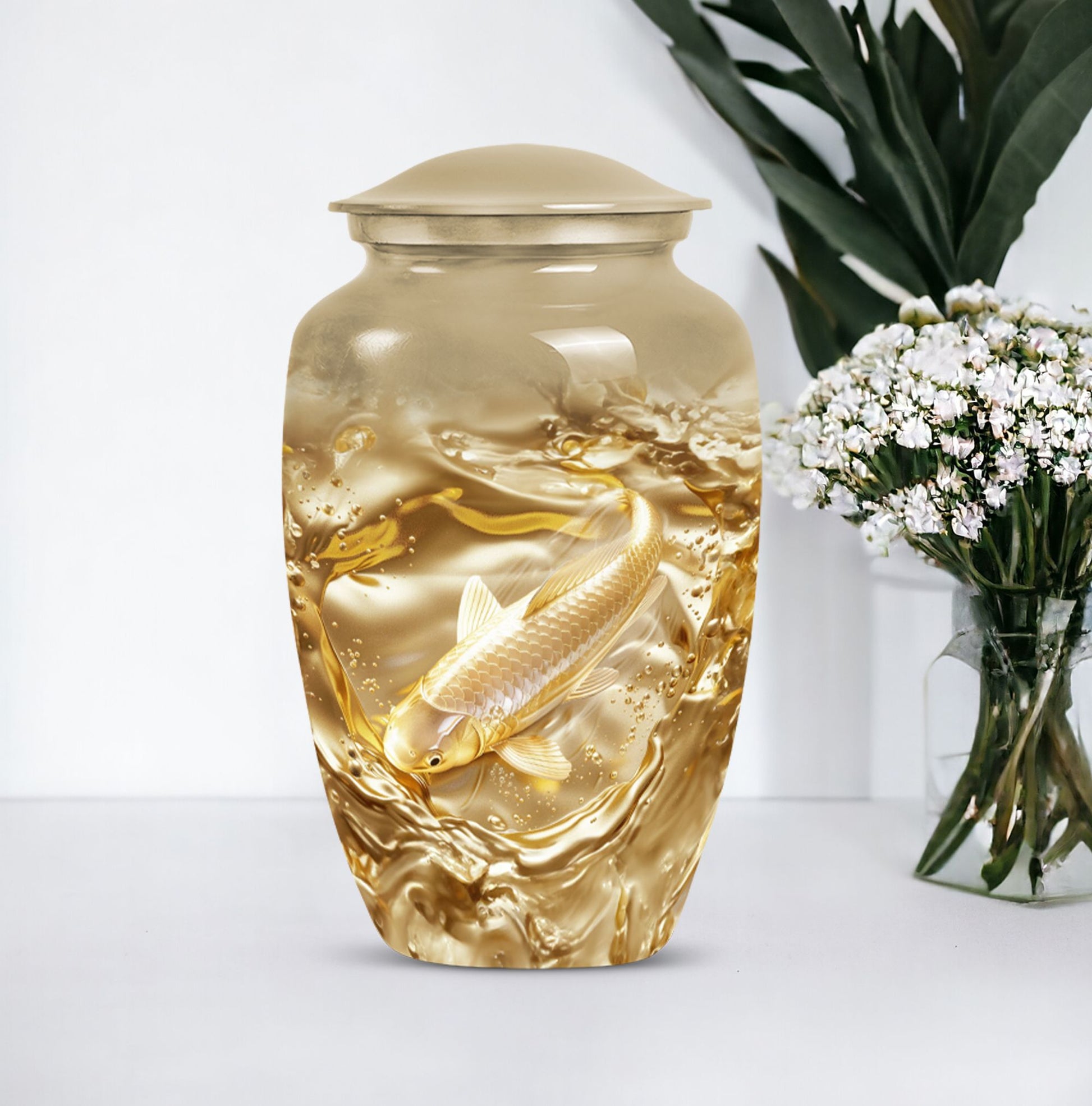 gold fish Urn, classic butterfly-theme large Urn.