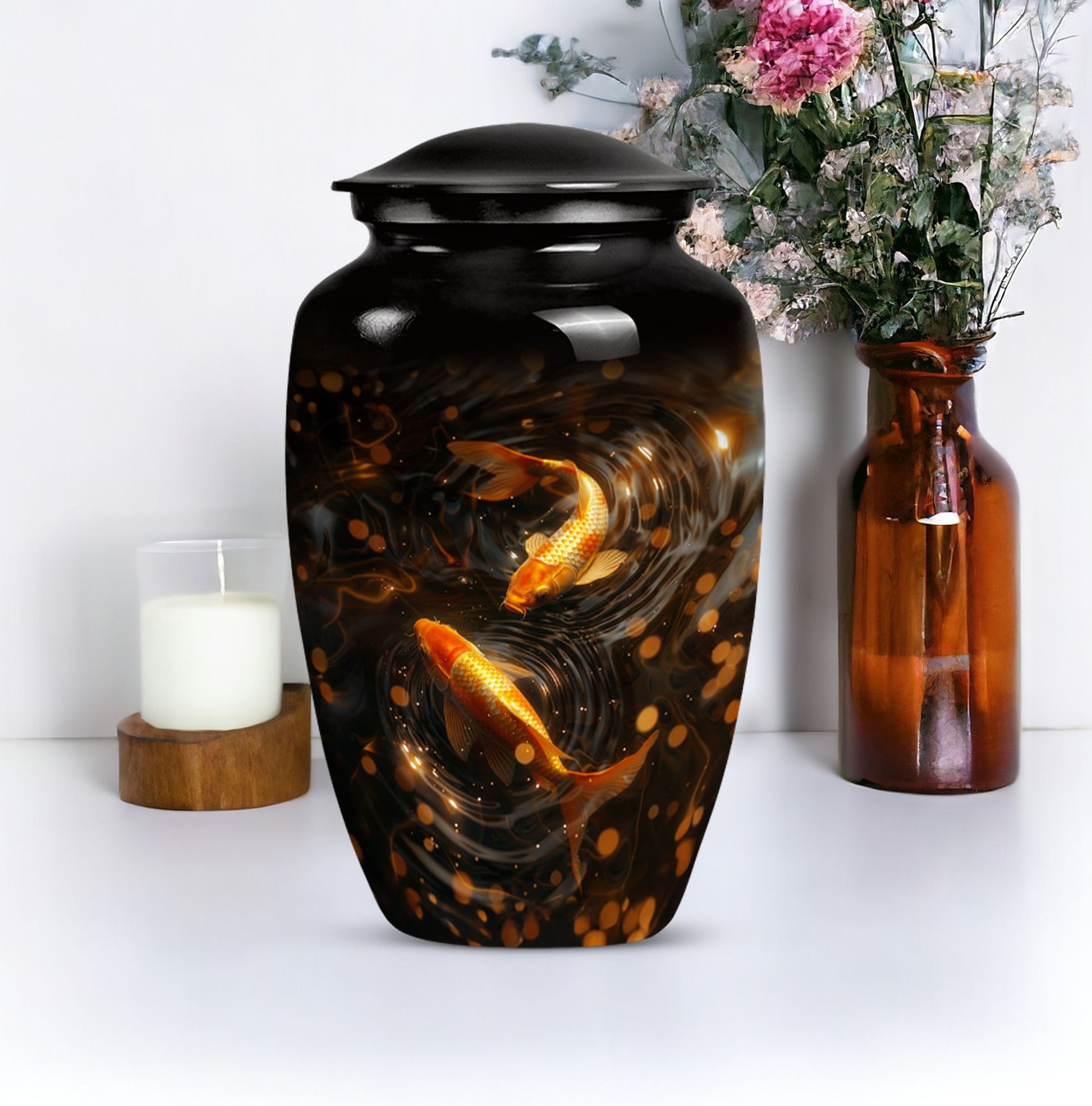 Classic 10-inch gold fish butterfly-themed memorial urn