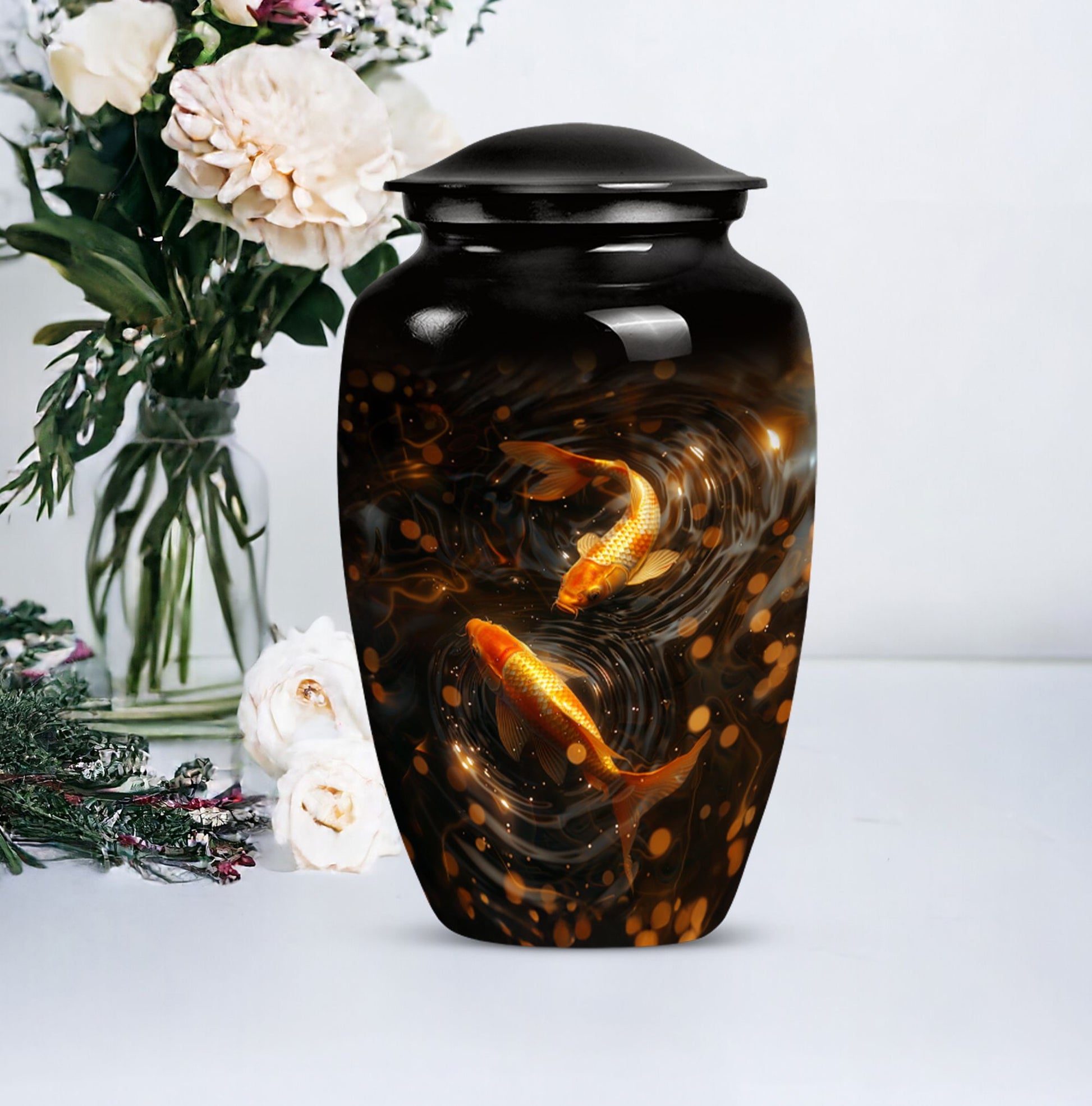 Classic 10-inch gold fish butterfly-themed memorial urn