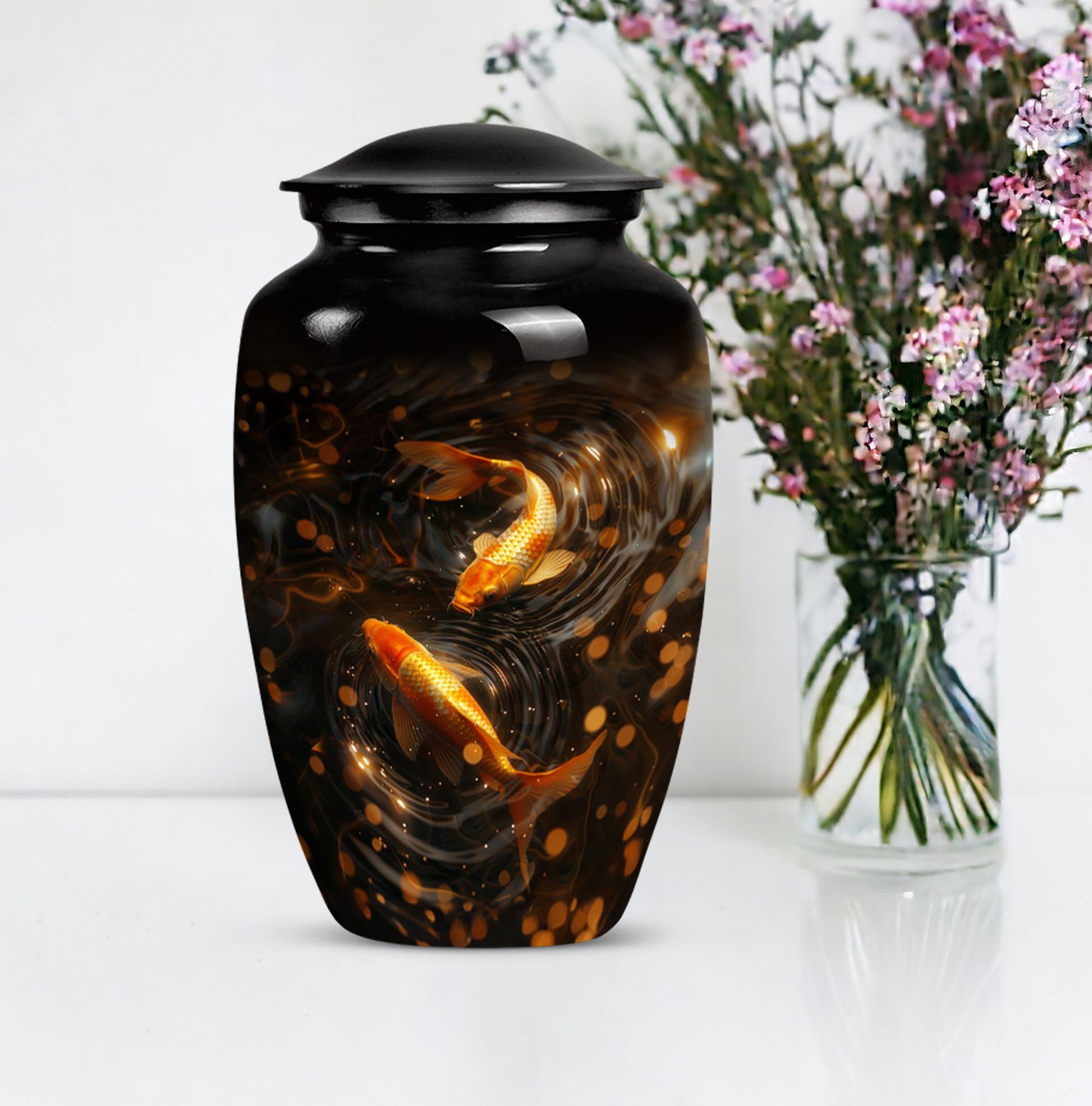 Classic 10-inch gold fish butterfly-themed memorial urn