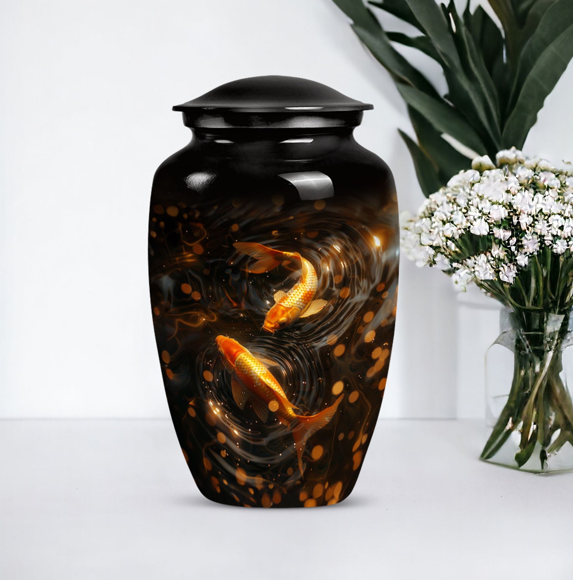 Classic 10-inch gold fish butterfly-themed memorial urn