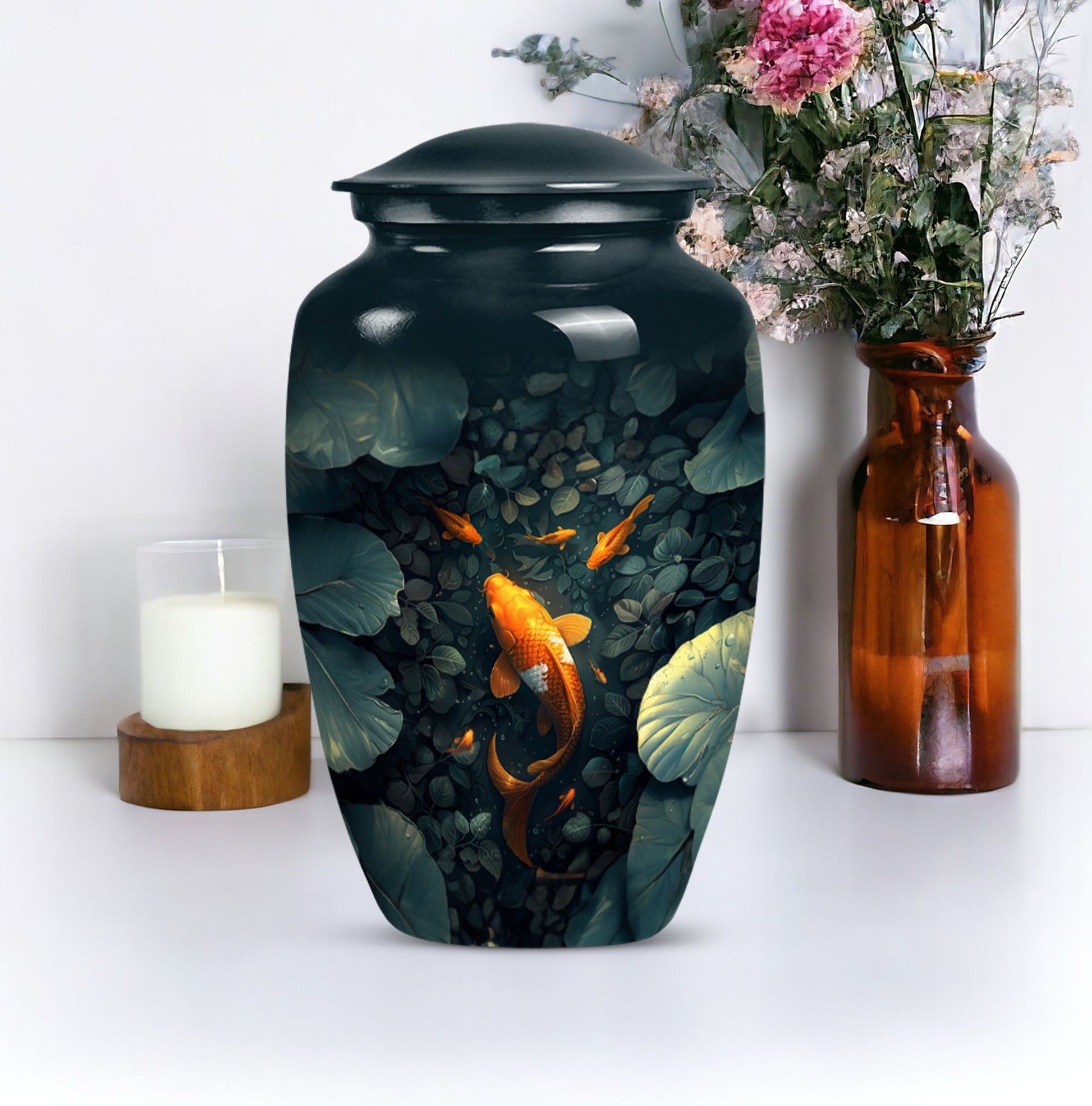 gold fish urn with butterfly theme,