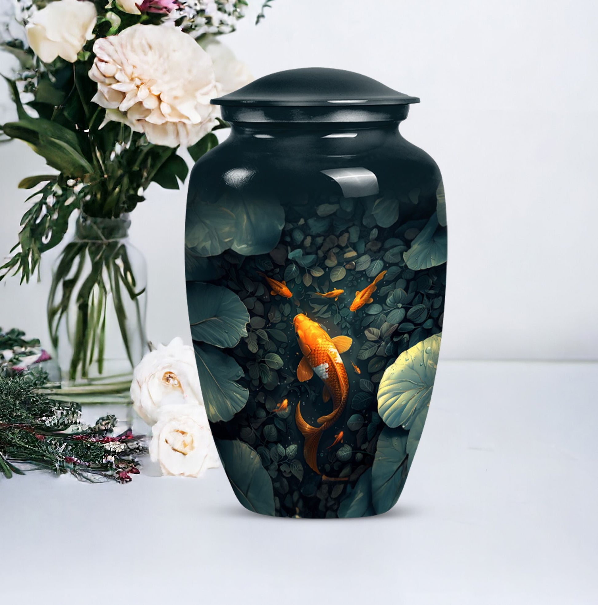 gold fish urn with butterfly theme,