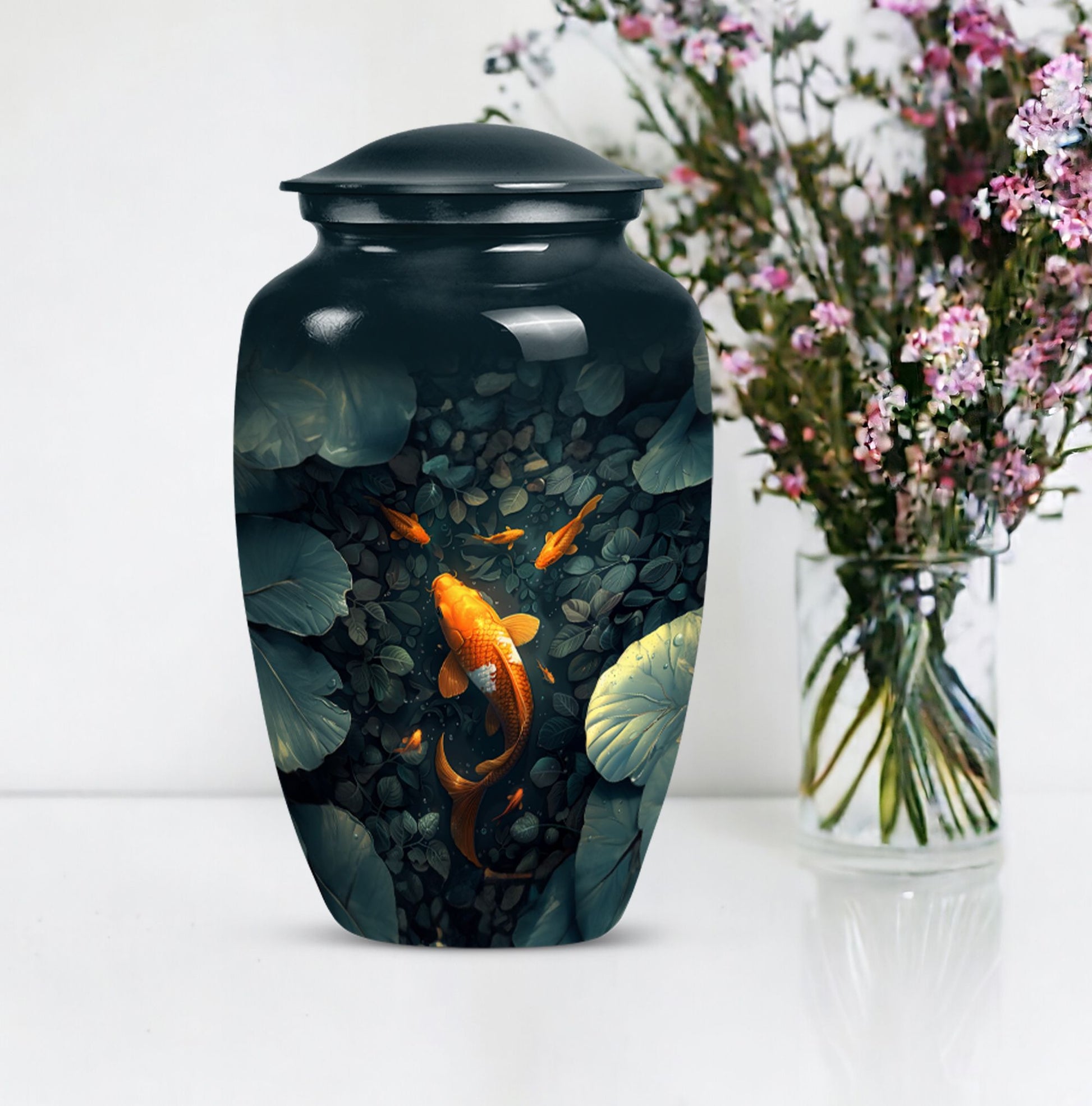 gold fish urn with butterfly theme,