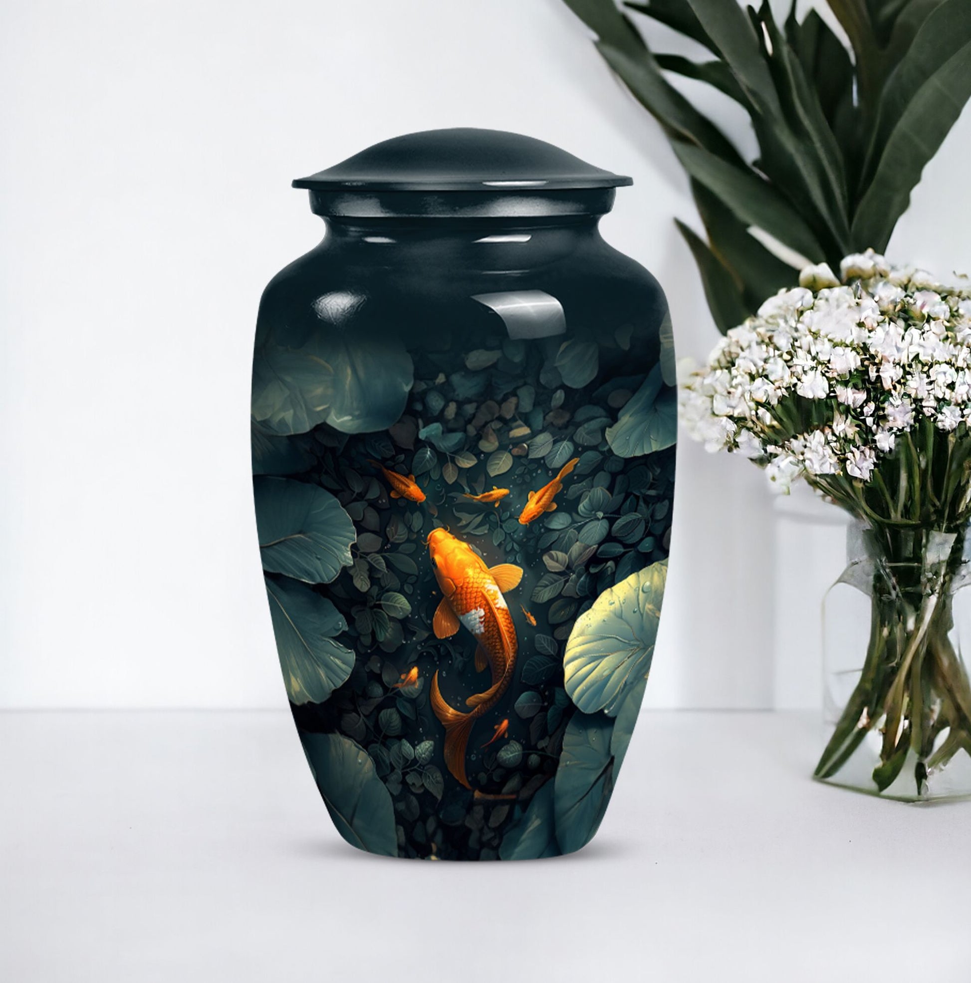 gold fish urn with butterfly theme,