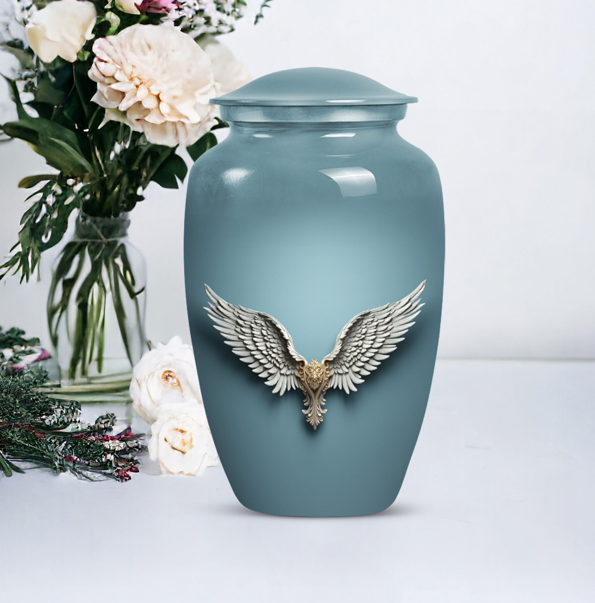 Blue butterfly-themed 10-inch wings blue urn.