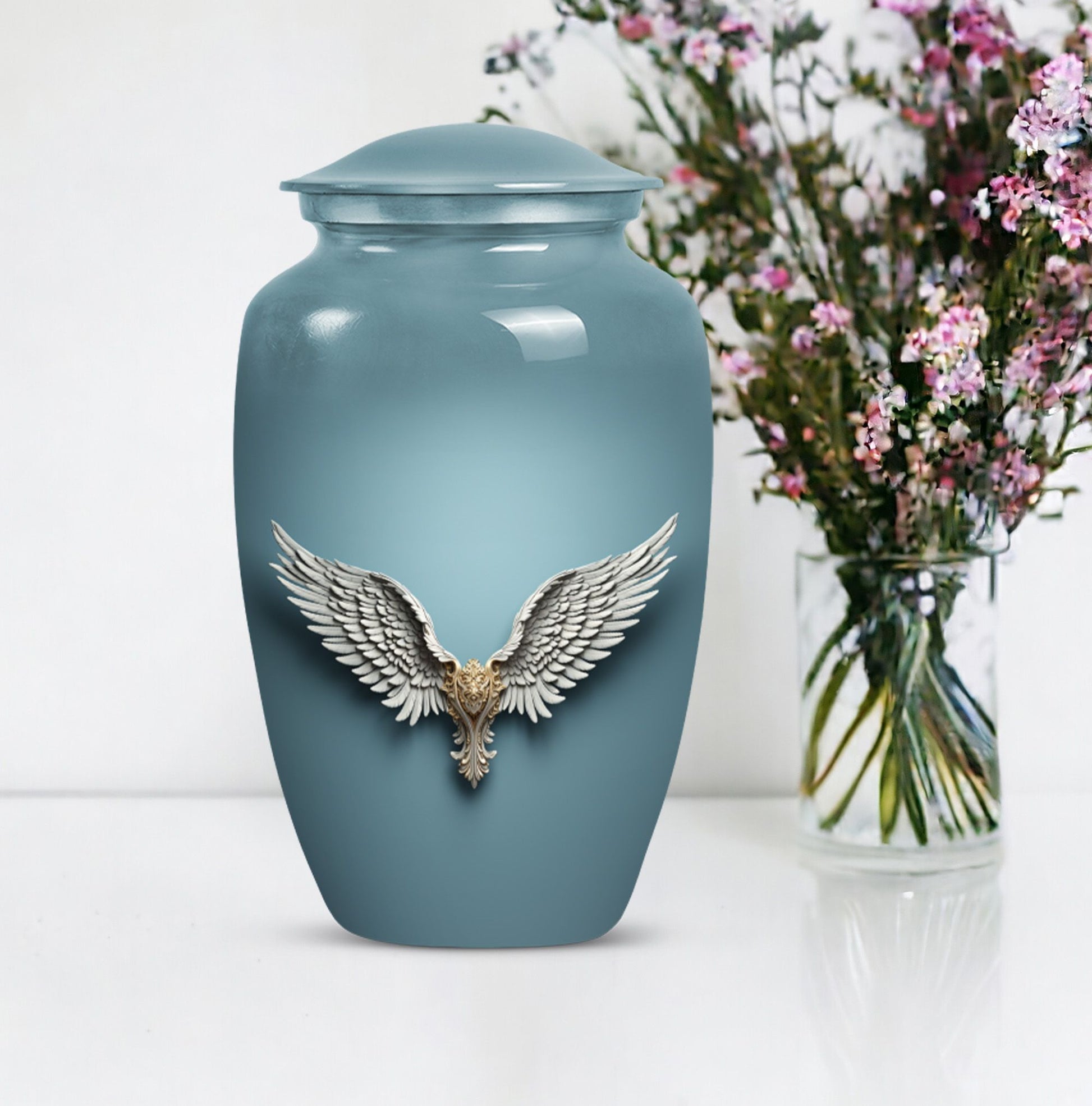 Blue butterfly-themed 10-inch wings blue urn.