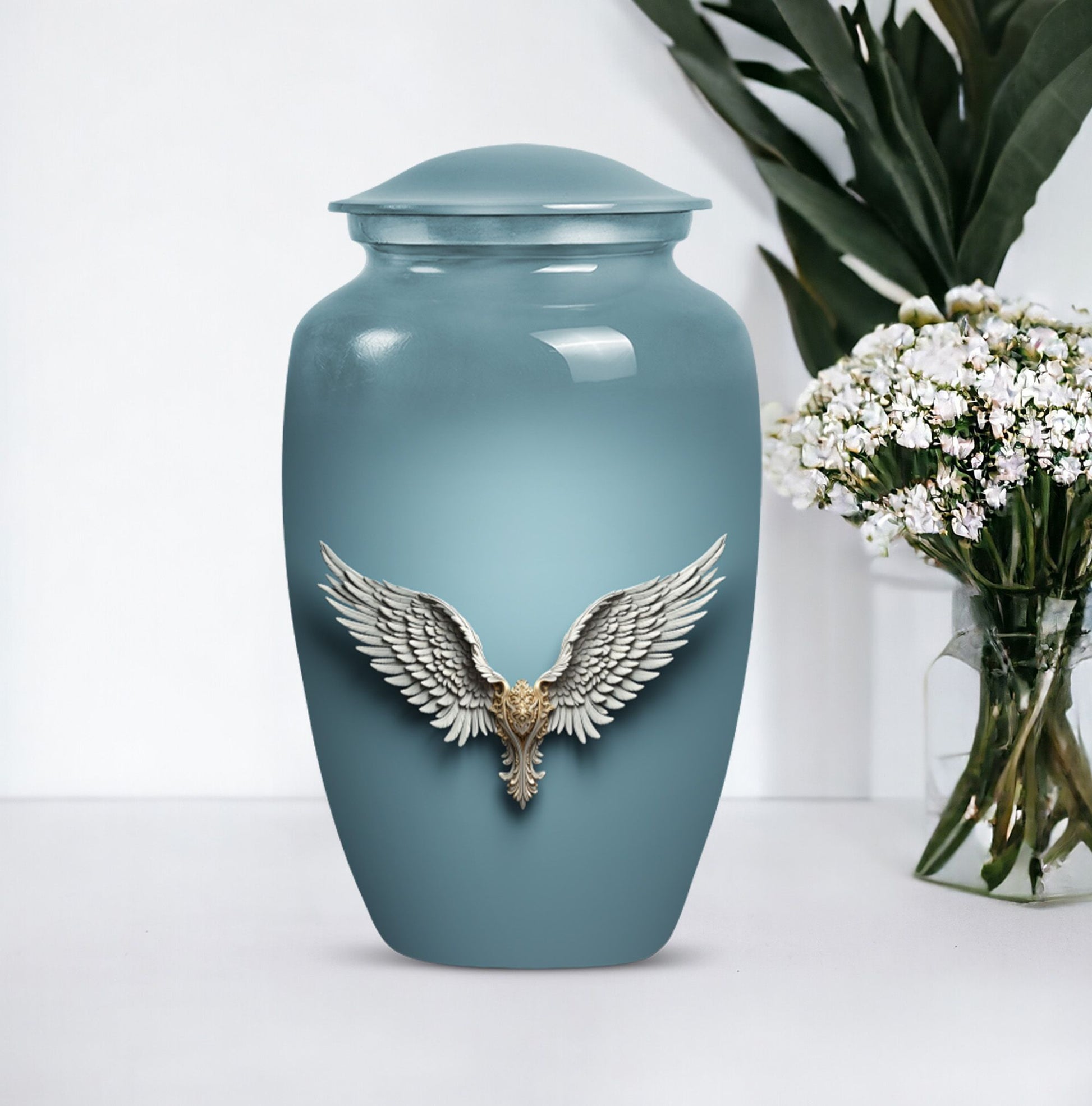 Blue butterfly-themed 10-inch wings blue urn.