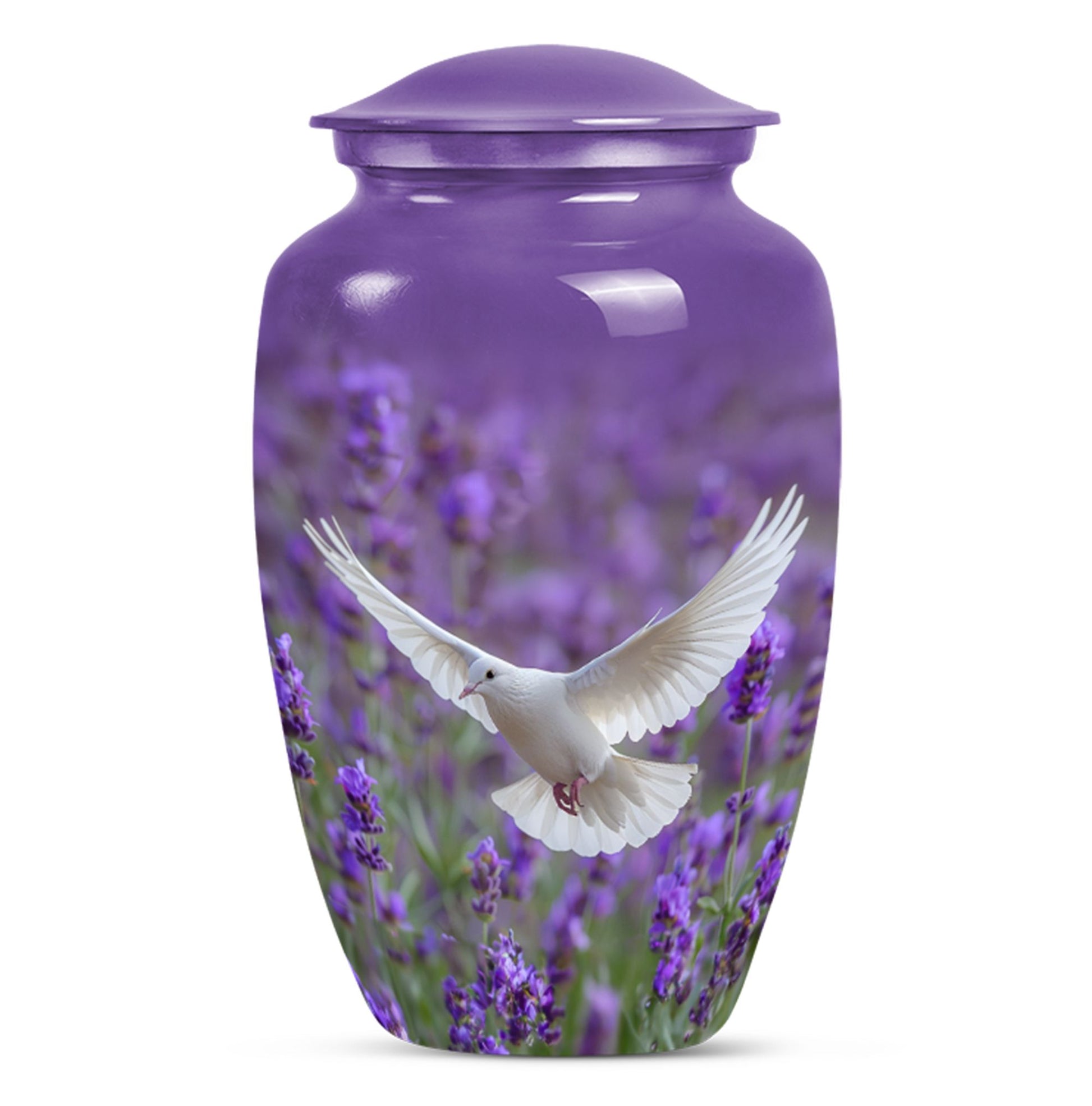 White dove on a classic purple urn.