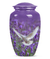 White dove on a classic purple urn.