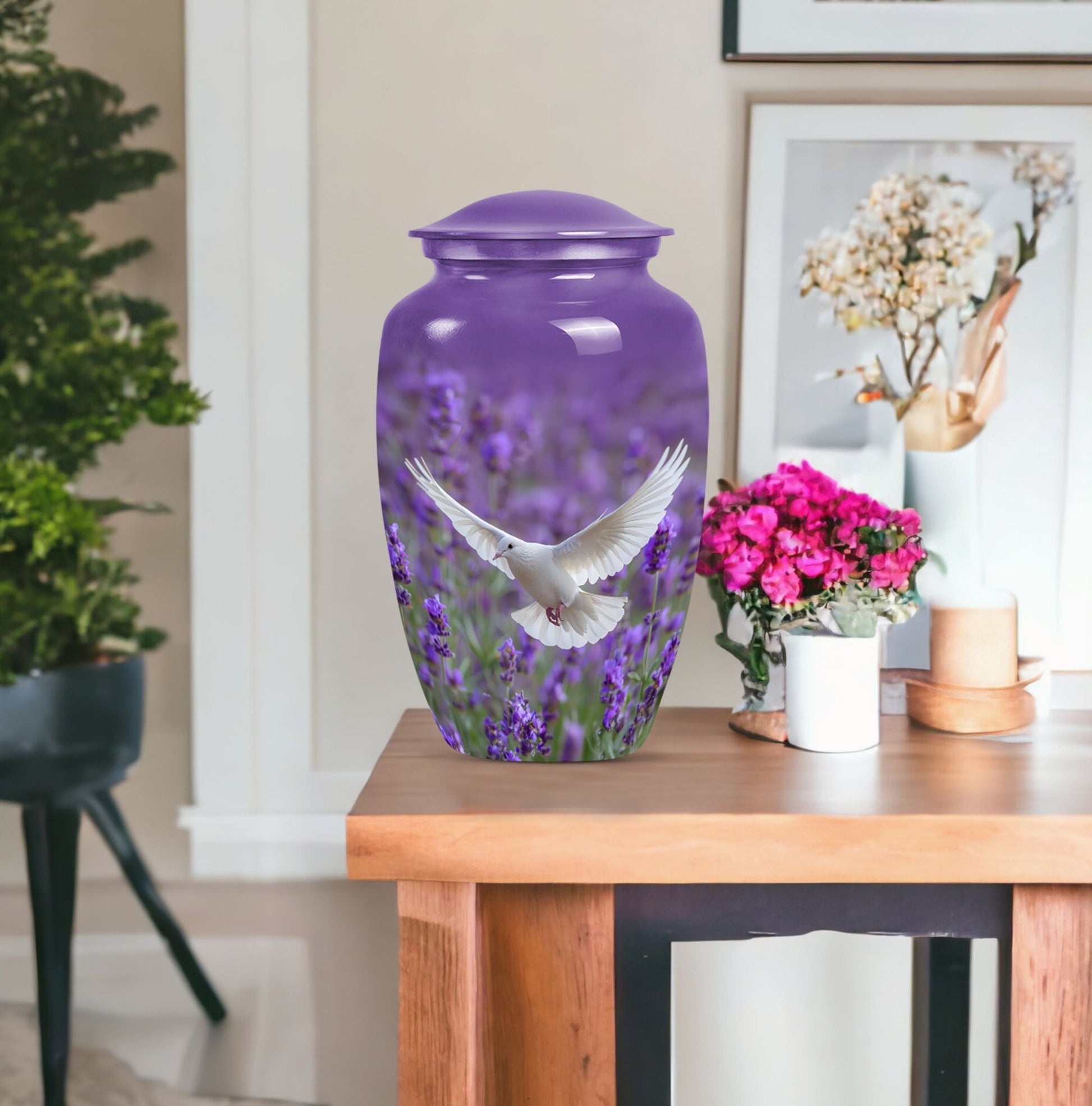 White dove on a classic purple urn.