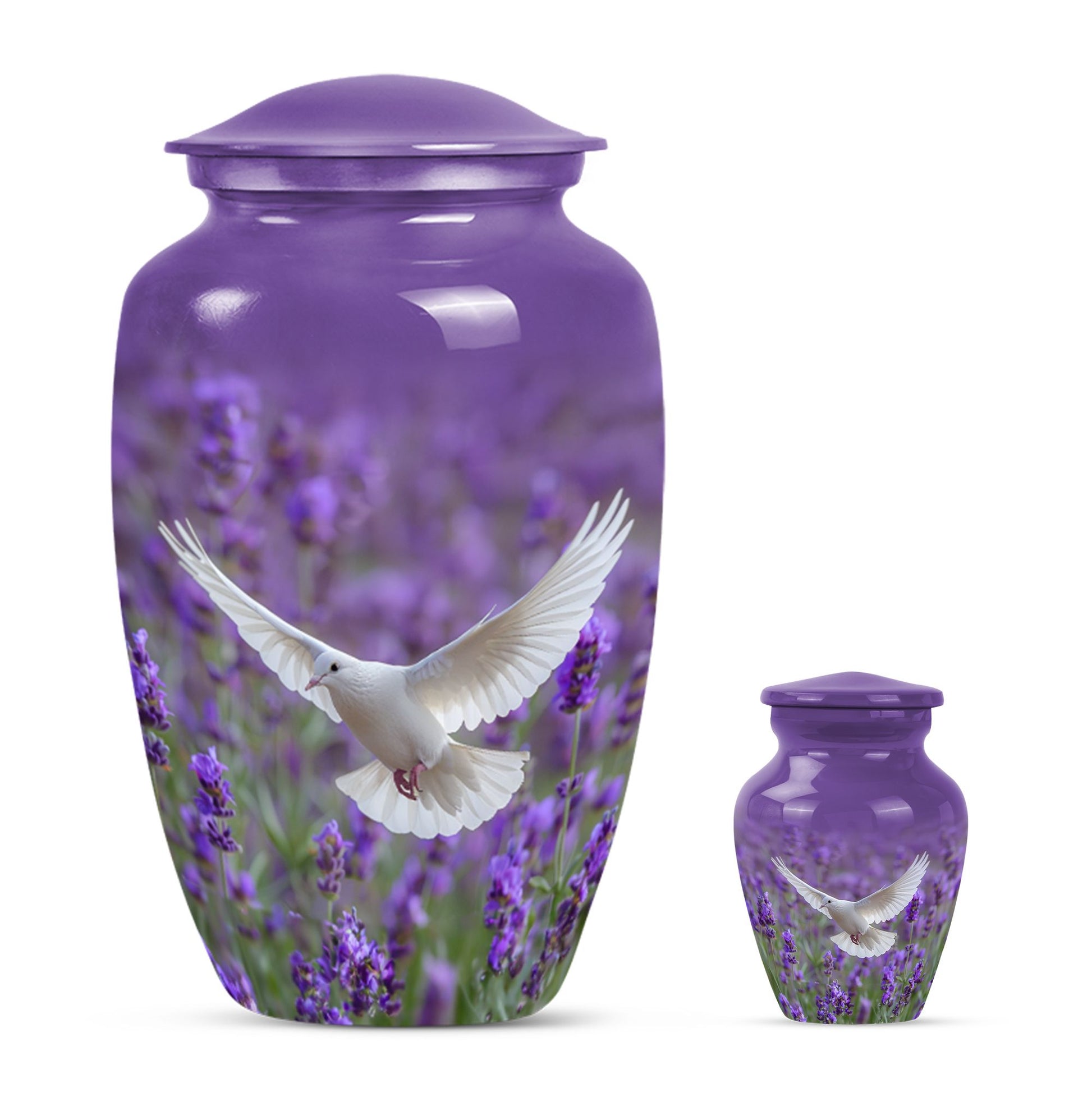 White dove on a classic purple urn.