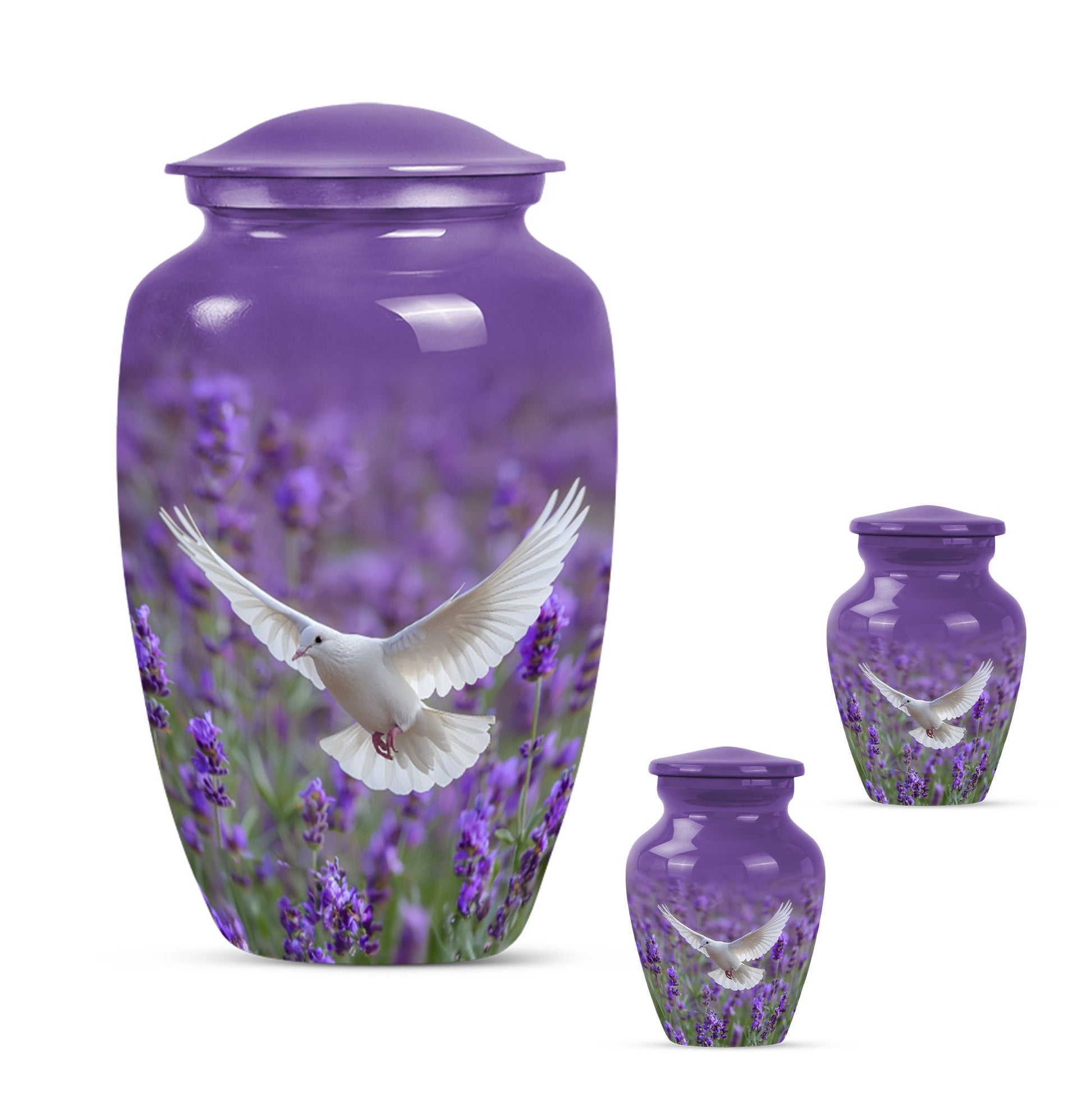 White dove on a classic purple urn.