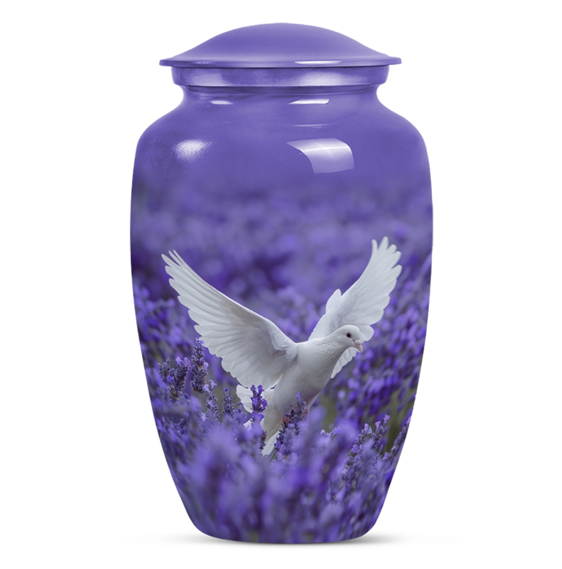 white dove on purple urn with butterfly theme.