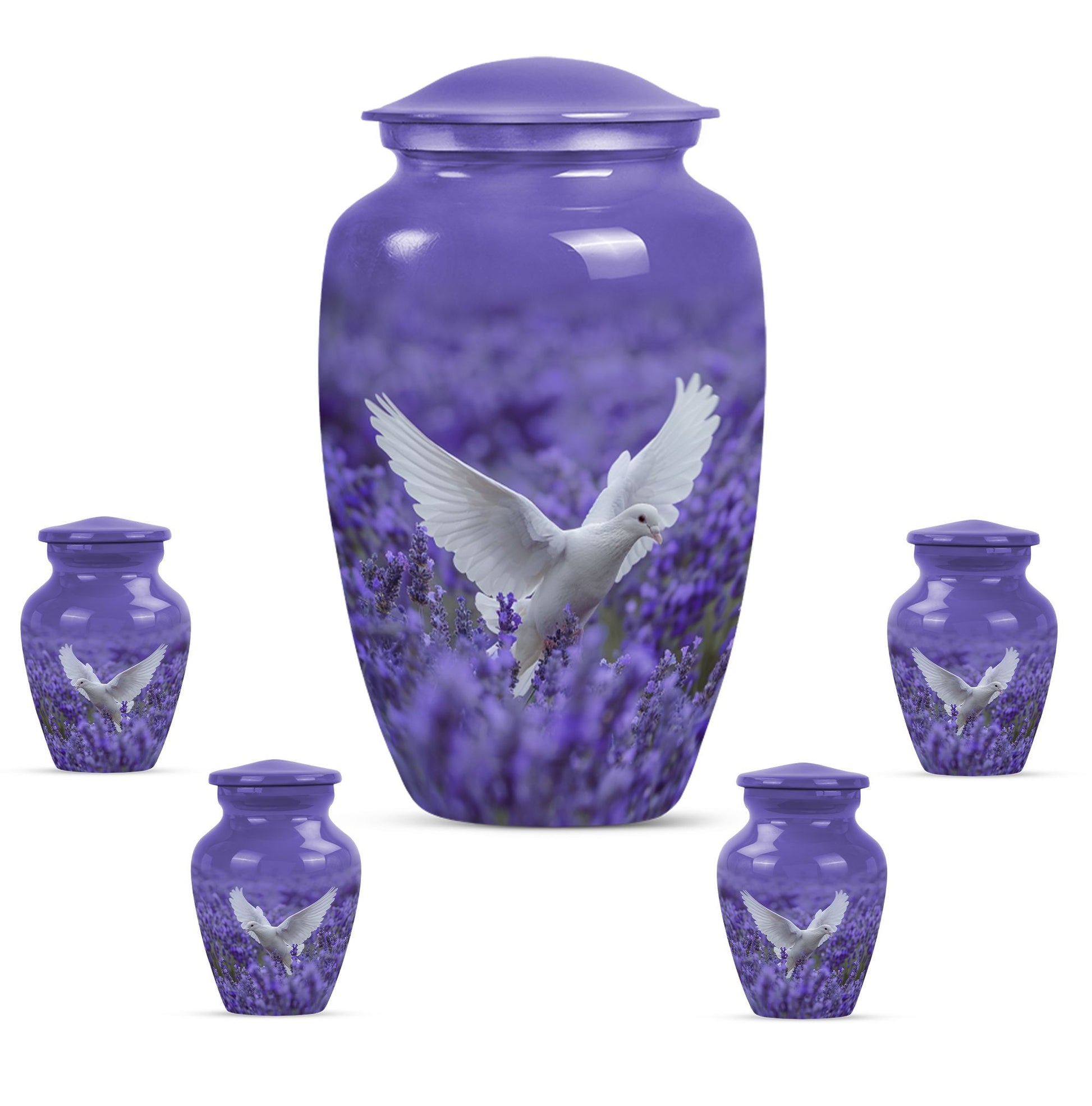 white dove on purple urn with butterfly theme.