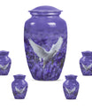 white dove on purple urn with butterfly theme.