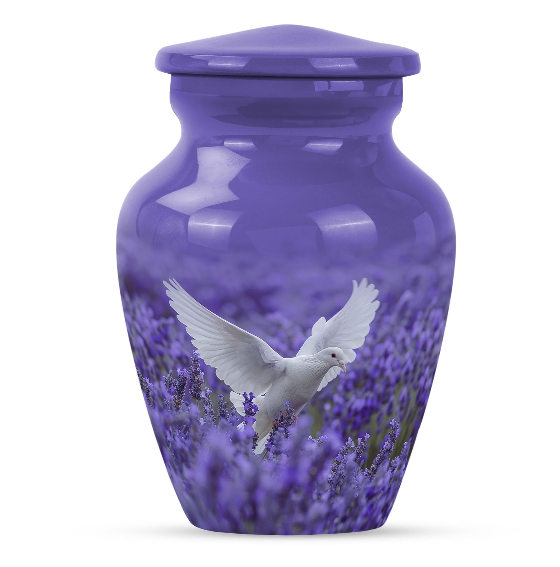 white dove on purple urn with butterfly theme.