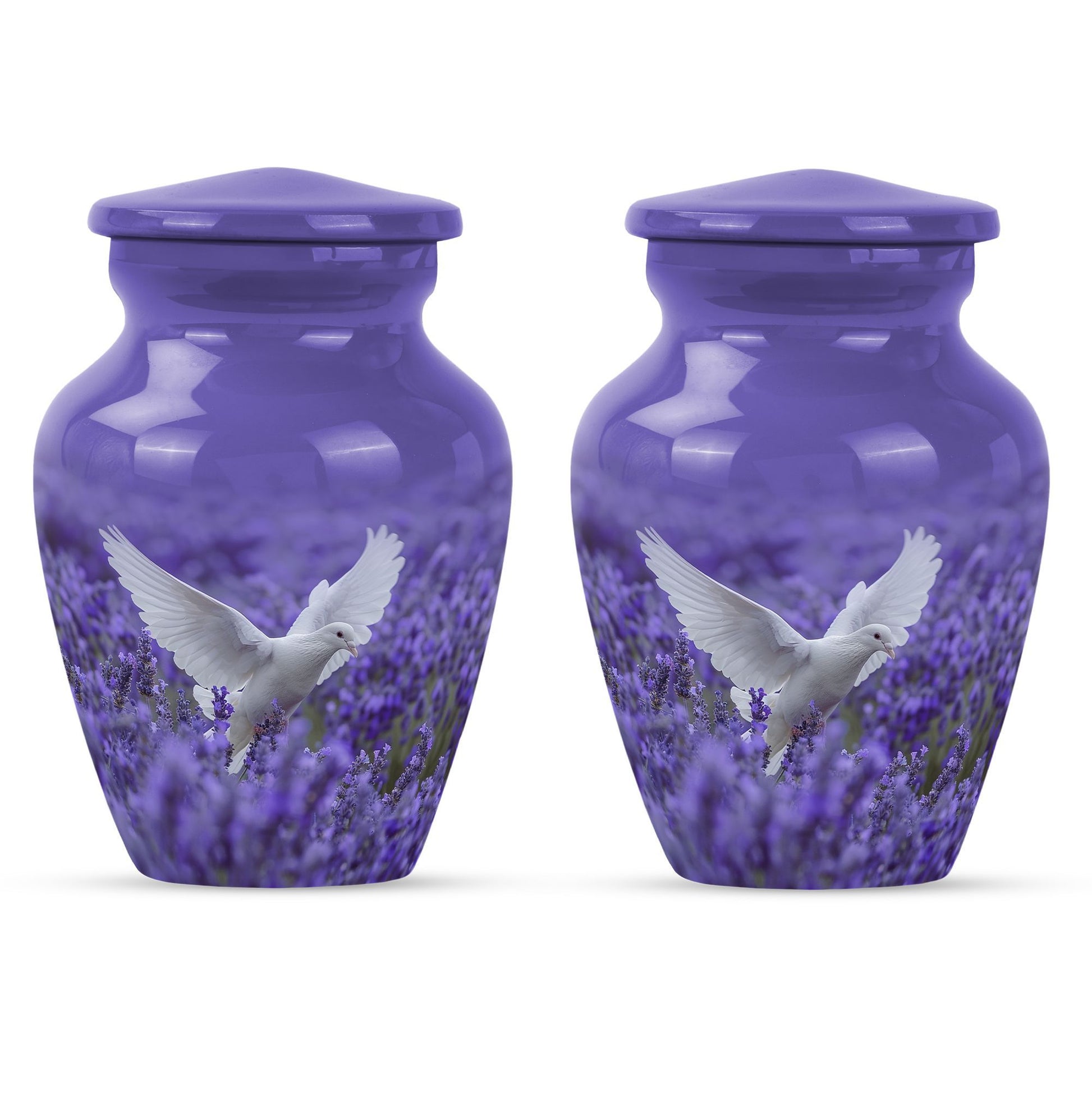 white dove on purple urn with butterfly theme.