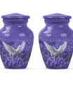 white dove on purple urn with butterfly theme.