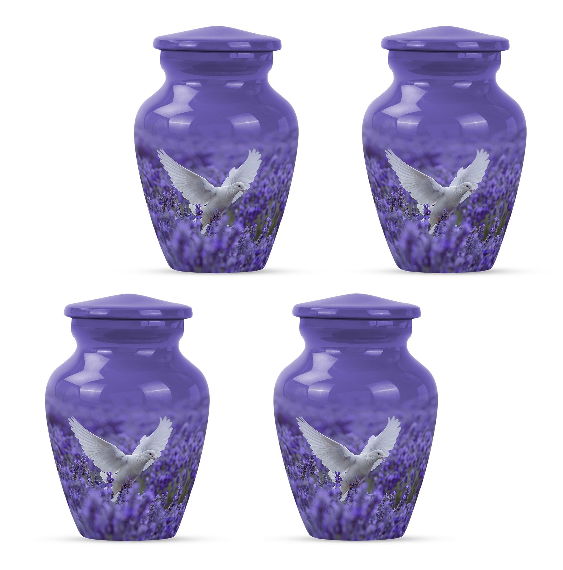 white dove on purple urn with butterfly theme.