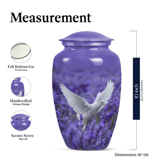 white dove on purple urn with butterfly theme.